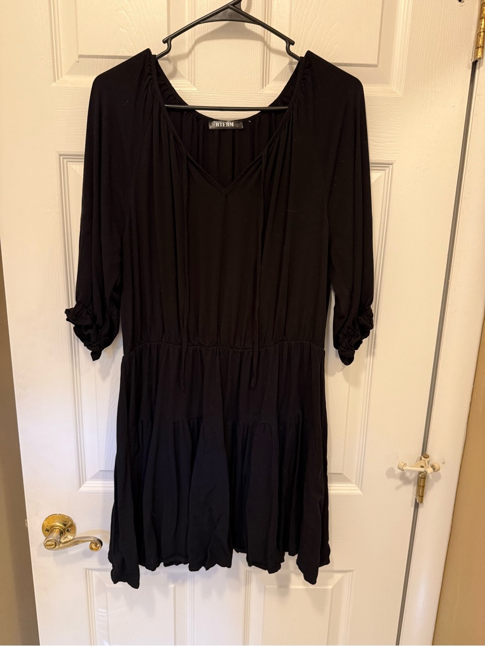 BITTEN Black V-Neck Tiered Midi Dress with Gathered Sleeves